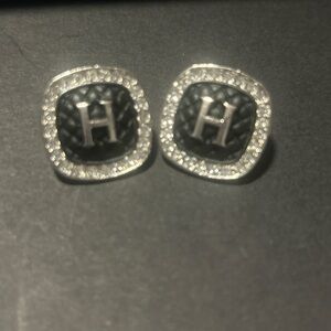 Silver and Black Earrings with H Design
